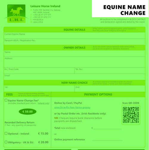 , EQUINE NAME CHANGE, Leisure Horse Ireland