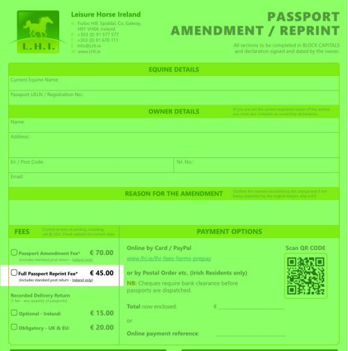 , PASSPORT REPRINT (TO CURRENT EU FORMAT), Leisure Horse Ireland